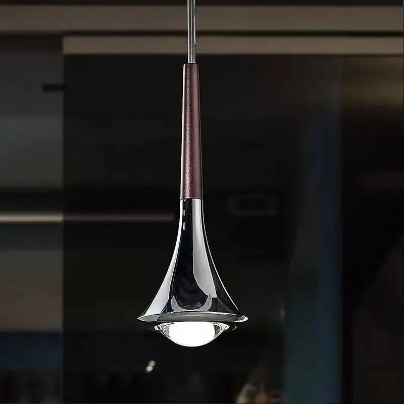 Modern chrome decorbites led rain pendant light with trumpet shape and dark brown accent for indoor staircase chandelier