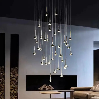 Modern chrome-finished decorbites led rain staircase chandelier with slender cascading light droplets for indoor bar island