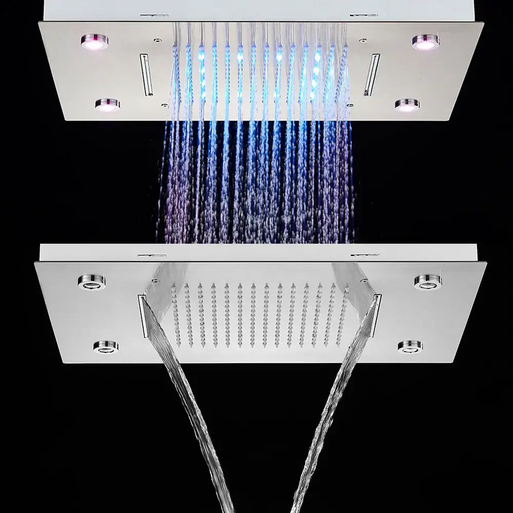 Modern chrome-finished 50x35cm decorbites™ rain waterfall shower head with integrated led and dual spray patterns