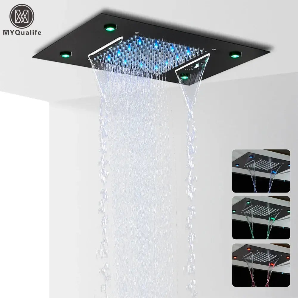 Black square DecorBites™ LED rain waterfall shower head 50x35cm with blue LED lights and remote control