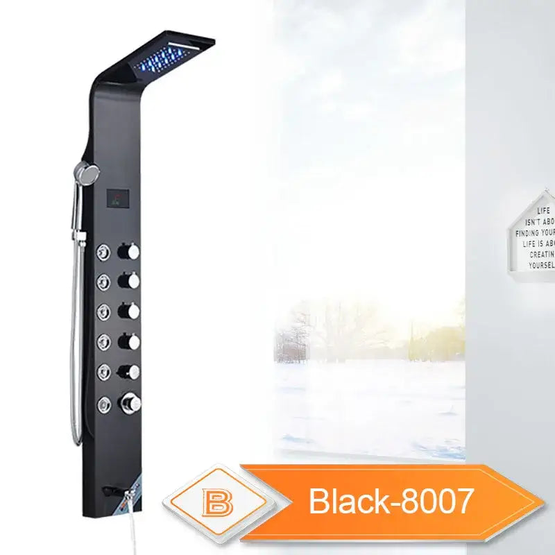Black-8007 model shower panel in decorbites led rain waterfall design with tall vertical panel and integrated handheld spray nozzle