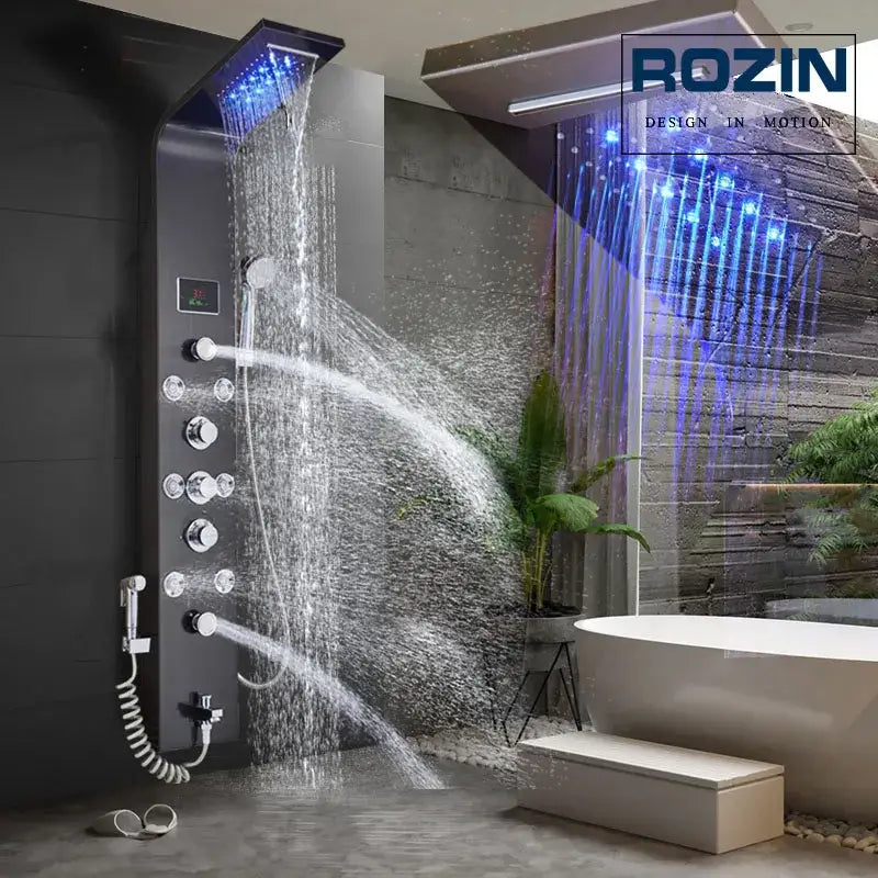 Black rozin decorbites led rain waterfall shower panel with multiple spray settings and blue led massage jets