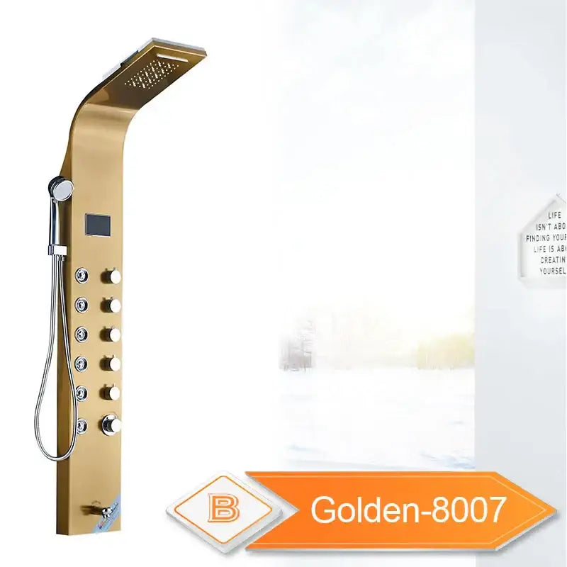 Gold-finished decorbites led rain waterfall shower panel with rectangular rainhead, control knobs, massage jets, and handheld sprayer