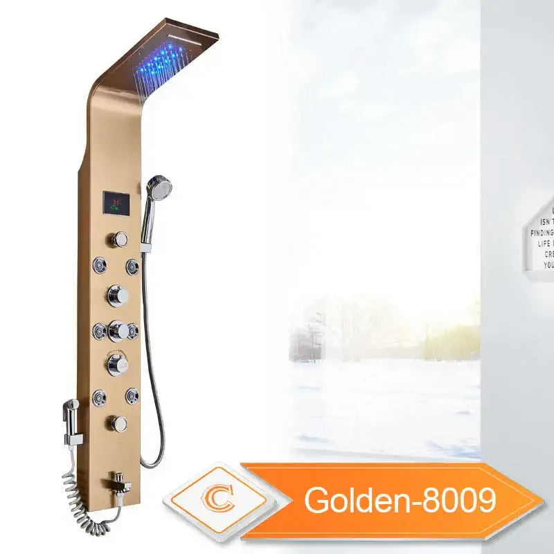 Gold-finished decorbites led rain waterfall shower panel with blue led rain light and multiple control knobs including handheld showerhead