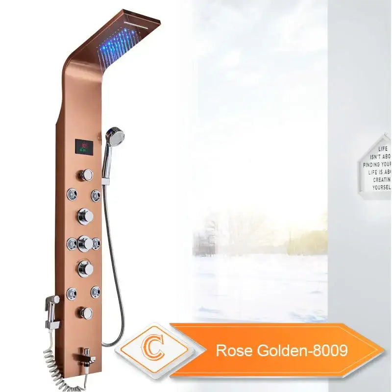 Rose gold decorbites led rain waterfall shower panel with multiple control knobs handheld showerhead and illuminated rain head