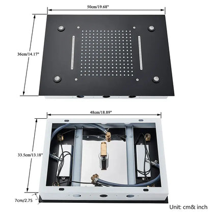 Black rectangular DecorBites™ LED rainfall shower head with grid jets and dual rain slots mounted on white metal frame