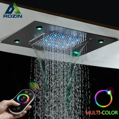 DecorBites™ sleek metallic rectangular ceiling-mounted rainfall shower head with integrated multi-color led rainfall shower lighting