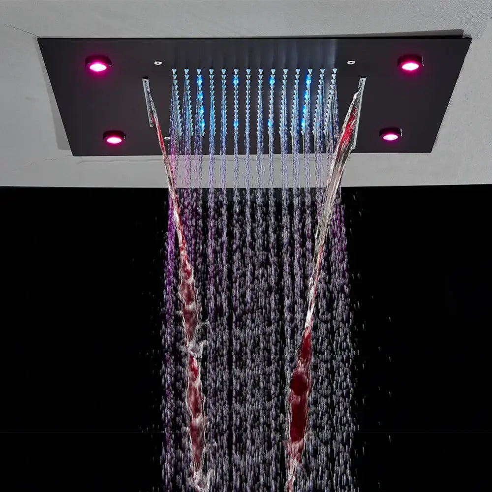 Modern black rectangular decorbites™ led rainfall shower head with multiple jets and red blue led lights for bathroom ceiling mount