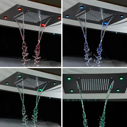 Modern chrome finished DecorBites™ led rainfall shower head with cascading waterfall streams and multicolor led lighting