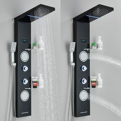 Black modern DecorBites™ LED rainfall shower panel with multiple spray heads and temperature screen for enhanced shower experience