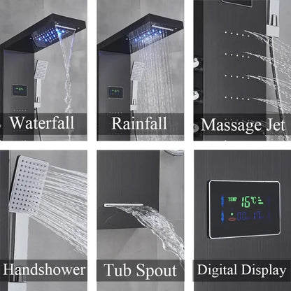 Black rectangular rainfall shower panel with blue led lighting and multiple spray patterns by DecorBites LED rainfall