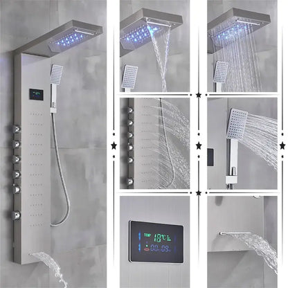 Modern chrome finished DecorBites led rainfall shower panel with rectangular rainhead handheld sprayer and temperature screen
