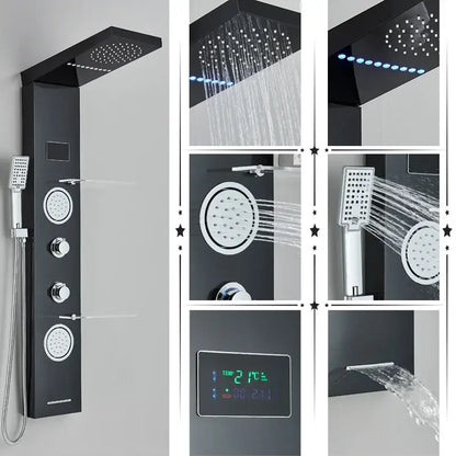 Black DecorBites™ shower panel with large rainfall shower head, handheld sprayer, body jets, and digital temperature display