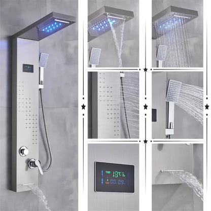 Modern brushed stainless steel decorbites led rainfall shower panel with rectangular rainhead handheld spray and temperature display