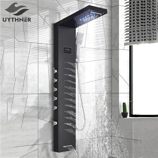 Black uythner decorbites led rainfall shower panel with multiple spray settings and digital temperature display