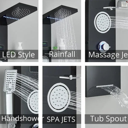 Modern black DecorBites™ shower panel with LED temperature screen and multiple spray heads for enhanced rainfall shower experience