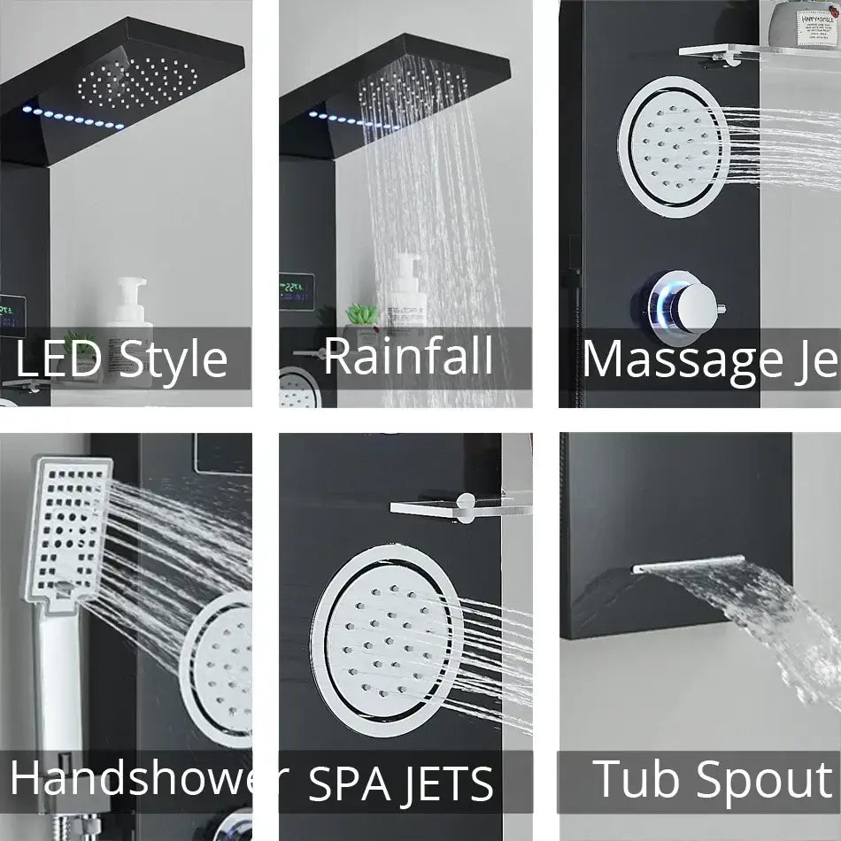 Modern black DecorBites™ shower panel with LED temperature screen and multiple spray heads for enhanced rainfall shower experience