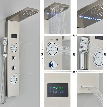Modern stainless steel DecorBites™ shower panel with rectangular rainfall showerhead, hand sprayer, and temperature screen