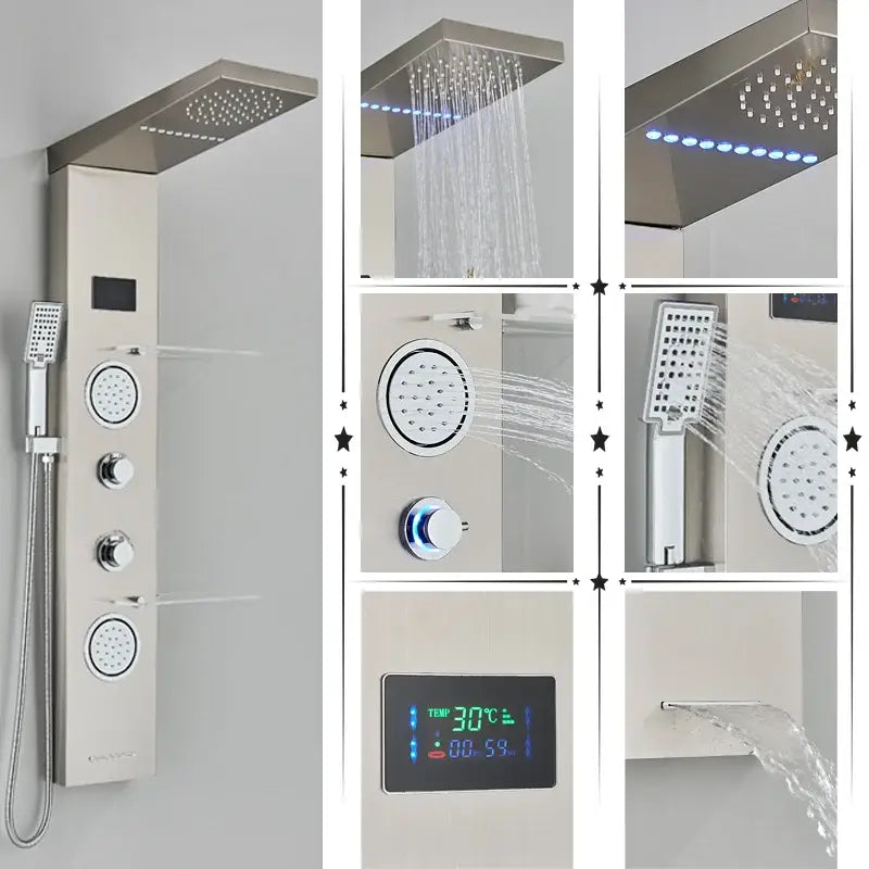 Modern stainless steel DecorBites™ shower panel with rectangular rainfall shower, handheld sprayer, and temperature screen