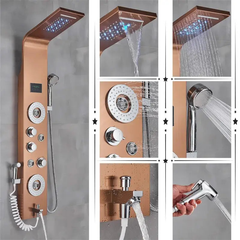 Rose gold finish shower panel with multiple spray heads and control knobs in decorbites led rainfall shower system