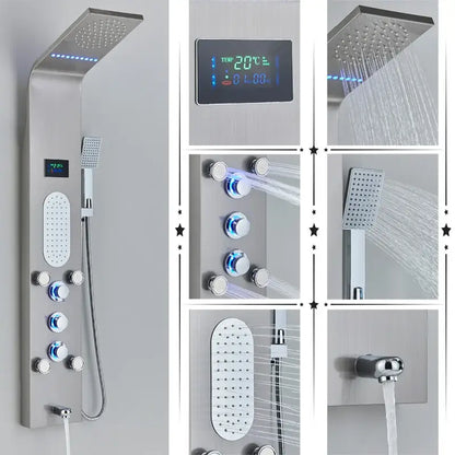 Modern stainless steel DecorBites™ LED rainfall shower panel system in black brushed finish with digital temperature display and multiple spray settings