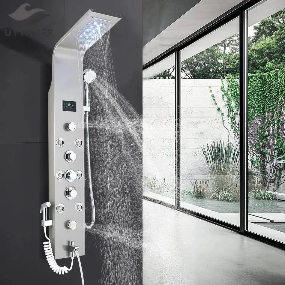 Modern chrome finished decorbites led rainfall shower panel system with multiple control knobs and digital display
