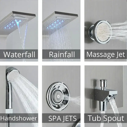Chrome-finished shower panel collection featuring waterfall, rainfall, massage jet, handheld, spa jets, and tub spout designs for decorbites led rainfall shower
