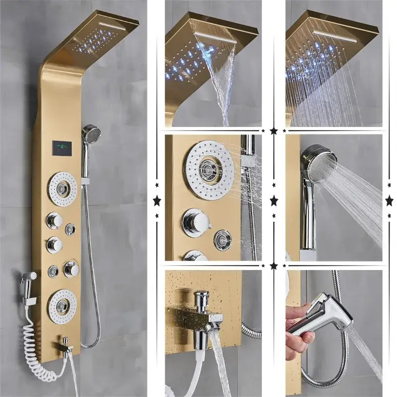 Gold-colored modern shower panel with multiple spray heads and control knobs decorbites led rainfall shower system