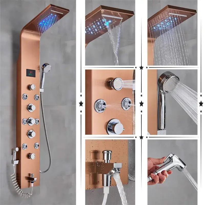 Copper-finished DecorBites™ LED rainfall shower panel system with integrated led lighting and multiple spray settings