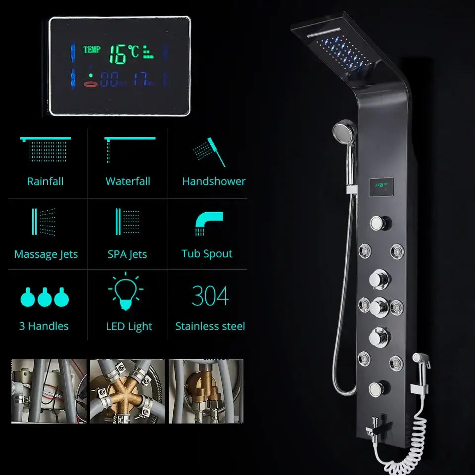 DecorBites™ led rainfall black stainless steel shower panel system with multiple spray settings and led display