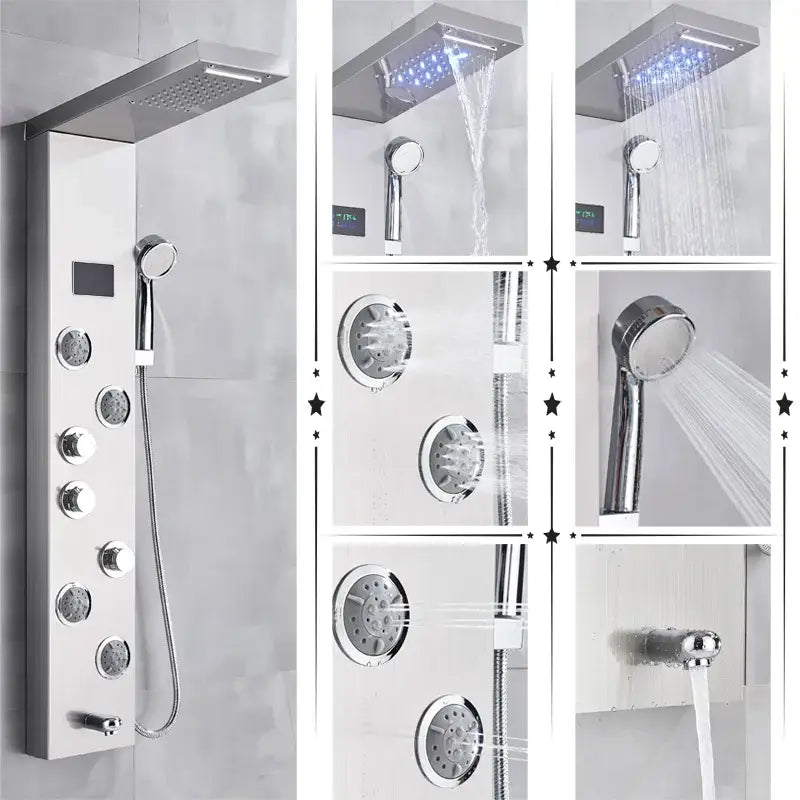 Modern chrome shower panel with multiple spray heads and digital temperature display decorbites led rainfall system