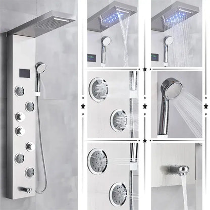 Modern chrome shower panel with multiple spray heads and digital temperature display decorbites led rainfall system