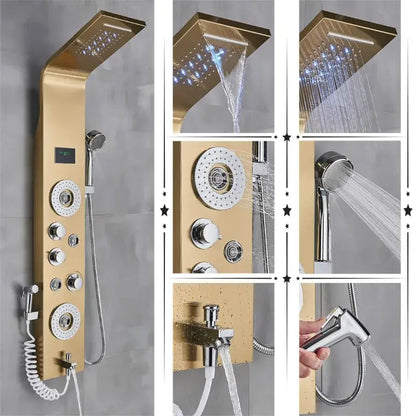 Gold-colored decorbites led rainfall shower panel system with multiple spray heads and temperature screen control knobs