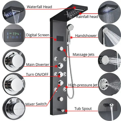 Black chrome decorbites led rainfall shower panel system with waterfall heads massage jets and digital temperature screen