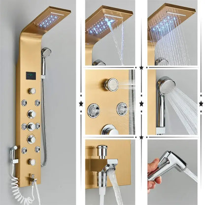 Gold-colored DecorBites led rainfall shower panel system with multiple spray settings and digital temperature screen