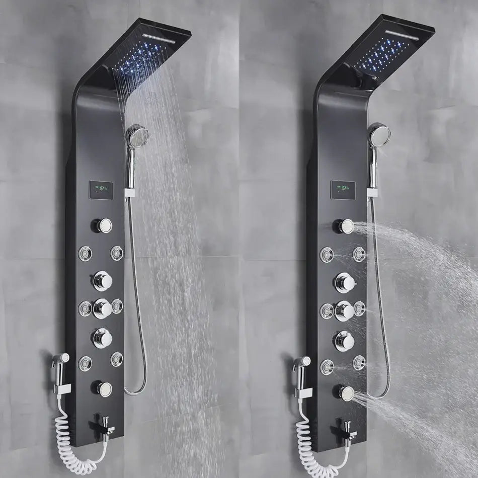 Black matte finish decorbites led rainfall shower panel system with chrome knobs overhead rainfall shower and digital display