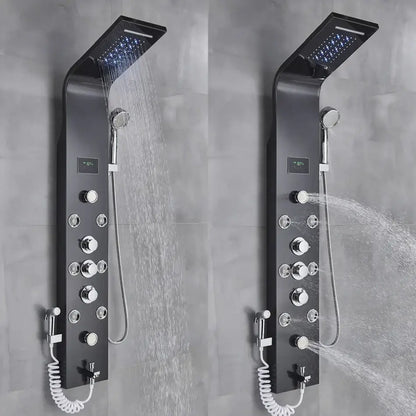 Black matte finish decorbites led rainfall shower panel system with chrome knobs overhead rainfall shower and digital display