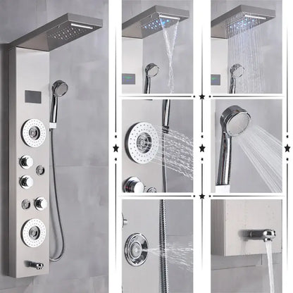 Modern chrome shower panel with rectangular rainfall showerhead, handheld spray, and multiple controls by decorbites led rainfall spa
