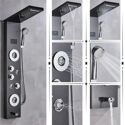Black and chrome decorbites led rainfall shower panel system with multiple spray heads, control knobs, and digital temperature screen