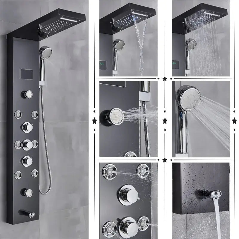 Black matte shower panel with chrome accents and multiple spray heads from decorbites led rainfall system with temperature screen