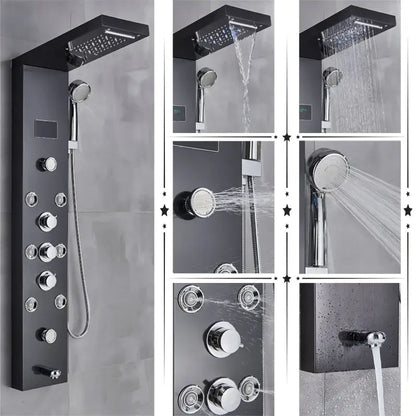 Black matte shower panel with chrome accents and multiple spray heads from decorbites led rainfall system with temperature screen