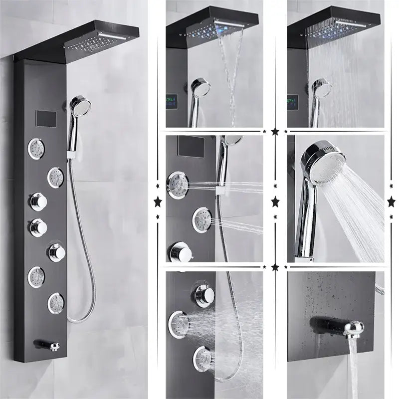 Black matte decorbites led rainfall shower panel system with chrome accents multiple spray heads and temperature screen