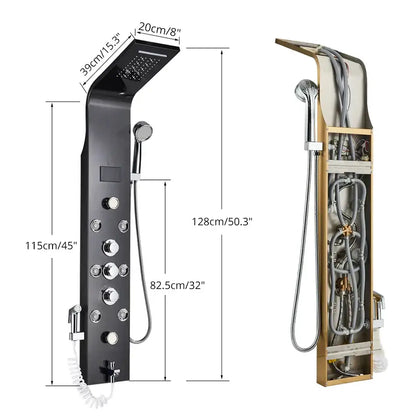 Black and gold decorbites led rainfall shower panel system with multiple spray heads and temperature screen control knobs
