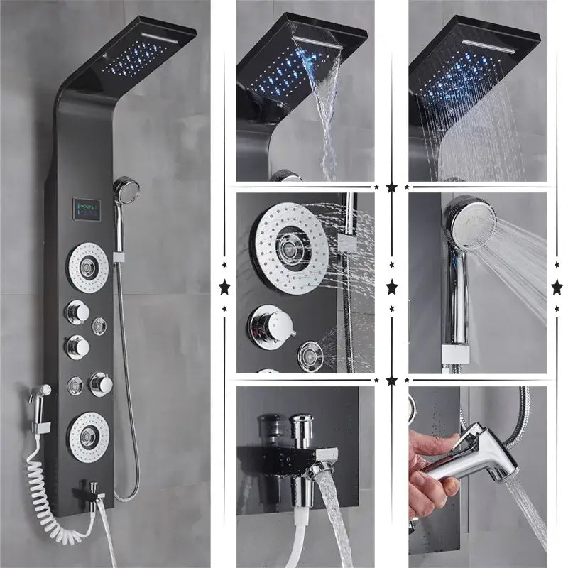 Black and chrome finish DecorBites™ LED rainfall shower panel with multiple spray heads, digital temperature screen, and handheld nozzle