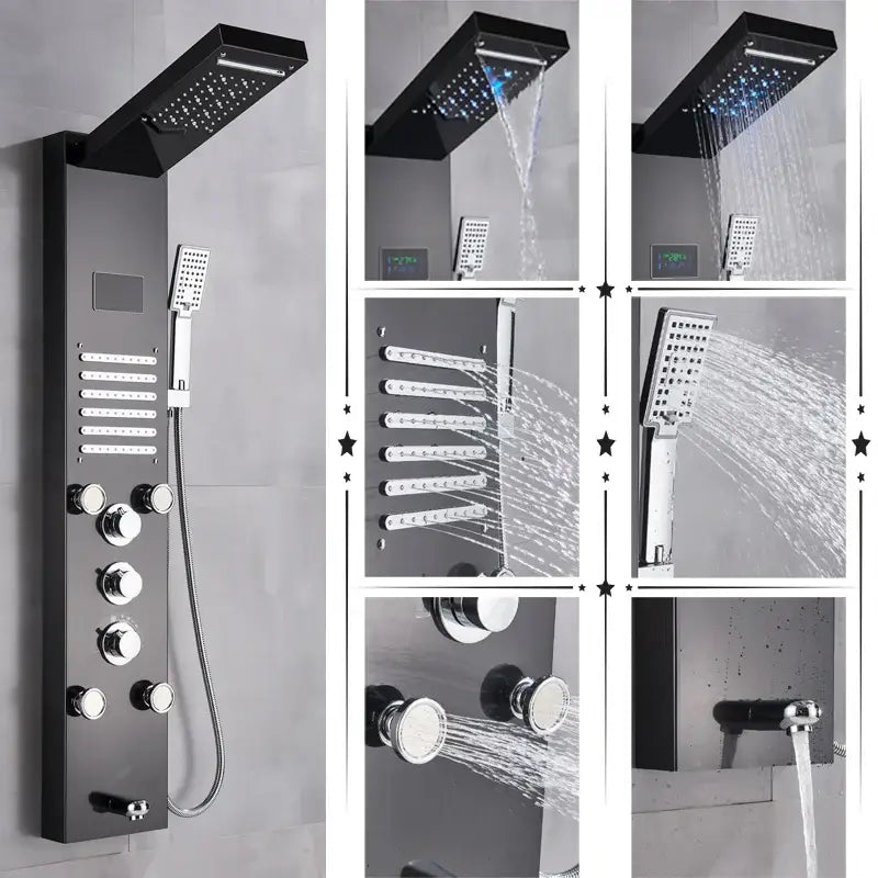 Black modern DecorBites™ LED rainfall shower panel system with chrome accents, temperature screen, and multiple spray settings