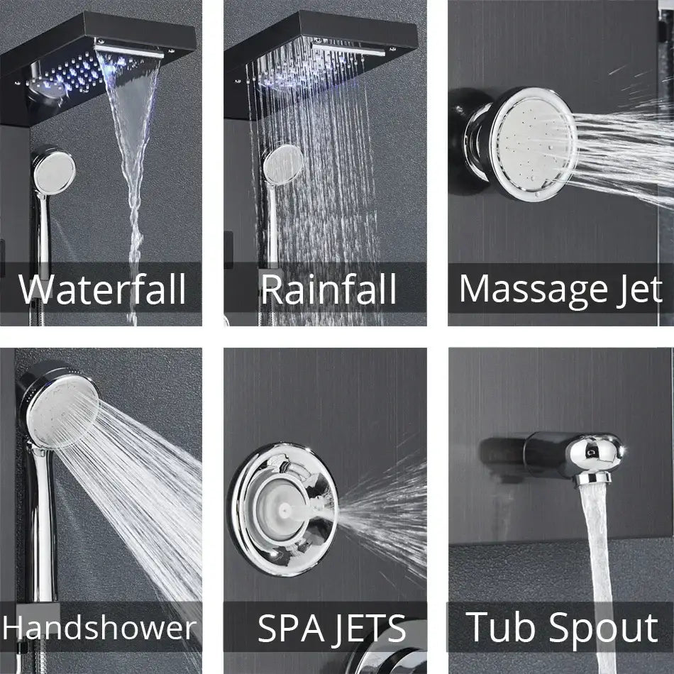 Modern black and chrome DecorBites led rainfall shower panel with waterfall shower, massage jets, and temperature screen
