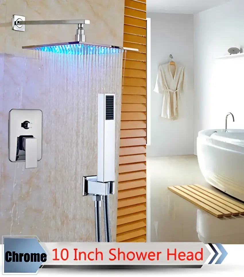 Chrome finished 10 inch square shower head with integrated led lighting in decorbites led rainfall shower set