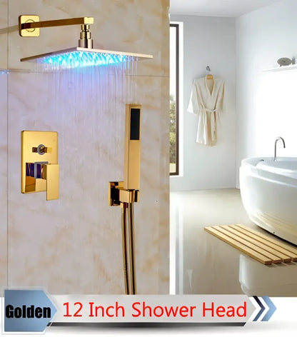 Golden 12-inch square shower head with blue led lighting and brushed gold finish in decorbites led rainfall shower set
