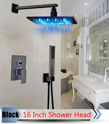 Black 16 inch decorbites led rainfall shower head with blue led lighting in rainfall shower set with handheld spray
