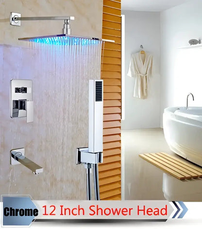 Chrome finished 12 inch square shower head with integrated blue led lighting in decorbites led rainfall shower set